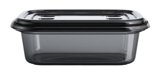 Rectangular clear glass food storage container with black lid