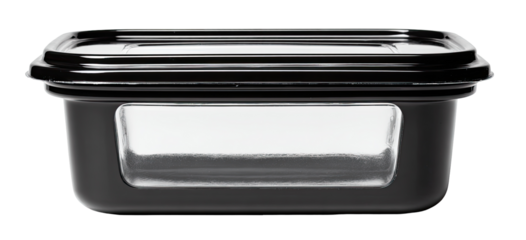 Black rectangular food storage container with clear glass insert.  Features a tight-fitting lid