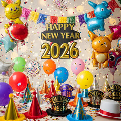 Happy New Year 2026 Party with Colorful Animal Balloons, Hats, and Confetti.