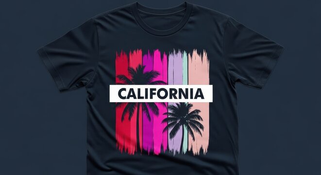 Stylish California palm tree graphic t-shirt design on black apparel mockup - Powered by Adobe