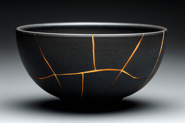 Cracked ceramic bowl repaired with luminous inlay lines; matte charcoal set