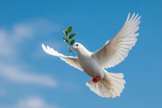 A white dove flies against a blue sky carrying a green leafy branch in its beak
