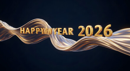 Happy New Year 2026 Golden Text with Flowing Blue and Gold Ribbon.