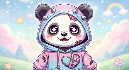 A fun and cute cartoon teddy bear in a festive Christmas design, with a humorous clown face floating in a snowy sky background