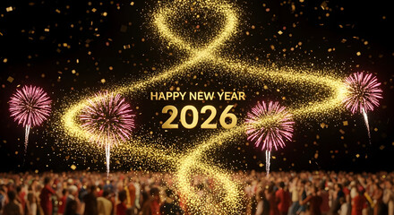 Happy New Year 2026 Celebration with Golden Swirls, Fireworks, and a Crowd.
