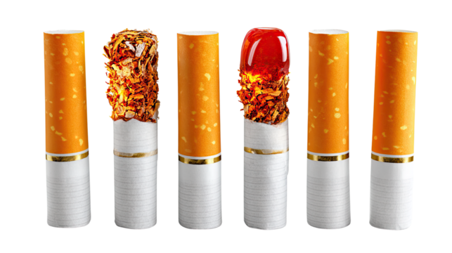 Cigarette stages: A visual depiction of the cigarette life cycle, showcasing its journey from pristine start to smoldering finish.