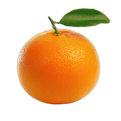 Close-up of a single, whole orange with a leaf