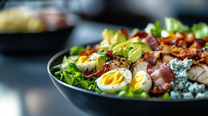 A delicious Cobb salad with rows of crisp lettuce, bacon, grilled chicken, on blurred background