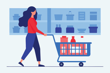 Woman pushing shopping cart in supermarket groceries, woman, shopping, cart, supermarket, groceries, aisle, shelves, products, retail, consumer, buying, commerce, store, merchandise, household, goods,