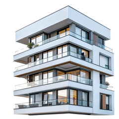 Obraz premium Modern, multi-story apartment building with balconies and large windows, offering luxurious living. background removed