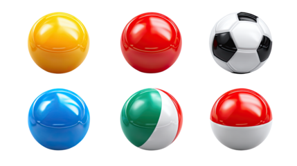 Chromatic Sphere Collection: An overhead shot showcases six diverse, vibrant spheres: a sunflower-yellow, fiery-red, classic soccer, azure-blue, a summery green and a bicolor red.