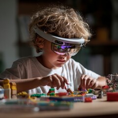 Boy wearing AR glasses while playing with blocks