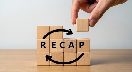 Hand putting wooden block to complete RECAP word for business summary and review concept