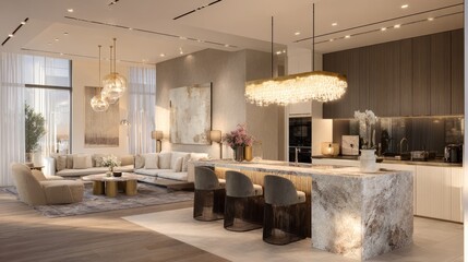 Elegant modern apartment interior, open concept living and kitchen, textured island base, chic lighting, sophisticated decor, warm and bright ambience