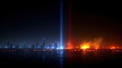City Night Skyline with Vertical Light Beams  Urban Memorial Scene