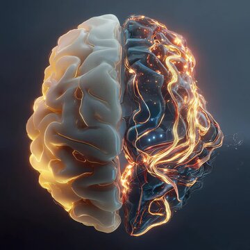 Futuristic Half Human Half Digital Brain with Neural Connections