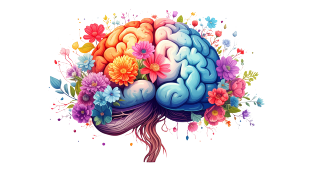 Human brain with blooming flowers inside, symbol of positive mental health, isolated on transparent background PNG