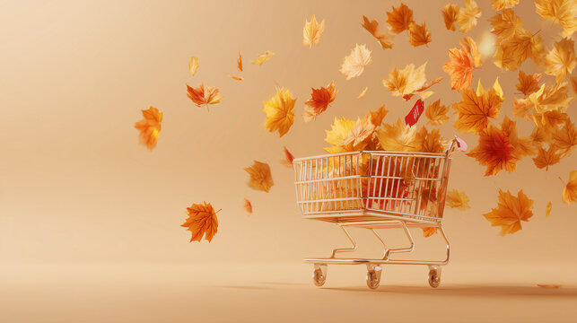fall season sale banner, maple leaves flying, shopping cart, price tags, beige to orange gradient