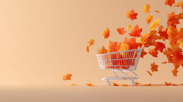 fall season sale banner, maple leaves flying, shopping cart, price tags, beige to orange gradient - Powered by Adobe