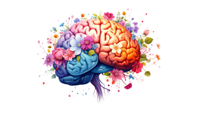 Human brain with blooming flowers inside, symbol of positive mental health, isolated on transparent background.