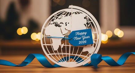Obraz premium Happy New Year 2026 Greeting with Paper Cut Earth Globe and Blue Ribbon.