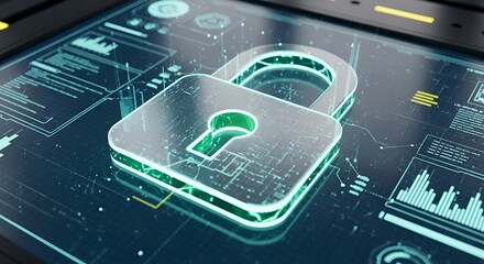 A translucent padlock with green edges sits on a dark screen displaying data and charts in light blue