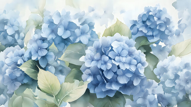 Beautiful blue hydrangea flowers with green leaves in soft watercolor style floral illustration background