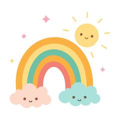 Cute kawaii rainbow with smiling sun and clouds