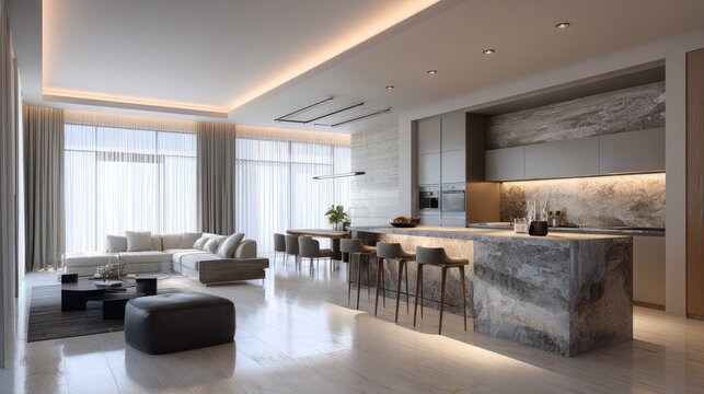 Modern apartment interior with open concept living and kitchen, marble island with textured base, warm ambient lighting, sleek furniture, minimal luxury style