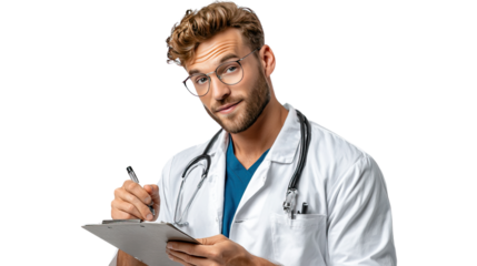 Medical Professional's Focused Attention: A skilled medical professional, adorned in a white coat, intently focuses on documenting medical notes using a clipboard.