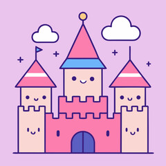 Fototapeta premium Cute kawaii castle with smiling faces and clouds
