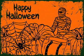 A captivating vintage-style illustration for a thrilling Halloween celebration, featuring eerie elements and festive autumnal symbols.