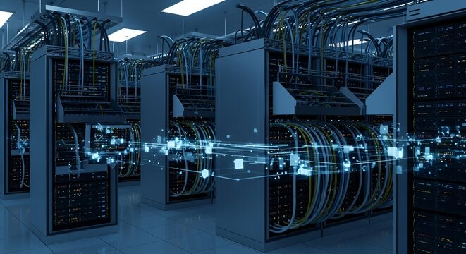 A server room with multiple racks of servers and cables connecting them with digital connections