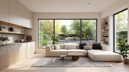 Fototapeta premium Open layout home interior, side view of kitchen with textured base, cozy living room, large window showing tranquil garden, elegant minimalist decor