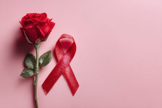 A red rose with stem and leaves lies next to a red ribbon on a pink background - Powered by Adobe