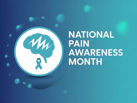 National pain awareness month graphic featuring a brain with a jagged line and a teal awareness ribbon - Powered by Adobe