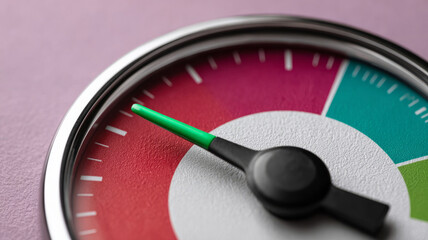 Closeup of colorful speedometer gauge with green needle