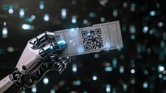 Robot hand holding torn movie ticket stub with QR code