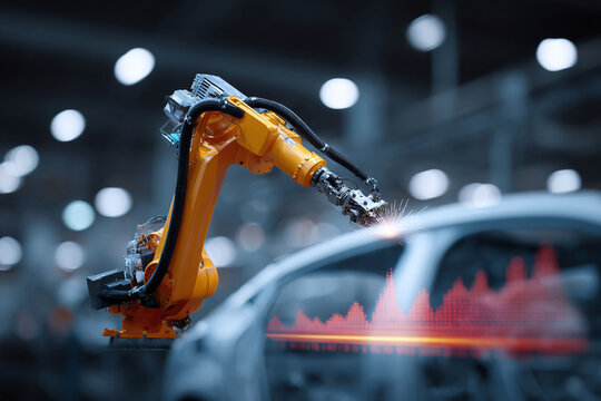 Precision manufacturing illustrated by an automated arm working on a vehicle, underscored by a data visualization. Depicts technological advancement and efficiency.