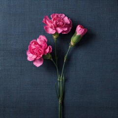 Three pink carnations on a dark navy blue textured fabric