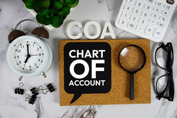 COA - Chart of Account acronym with calculator, alarm clock and magnifying glass, business concept background