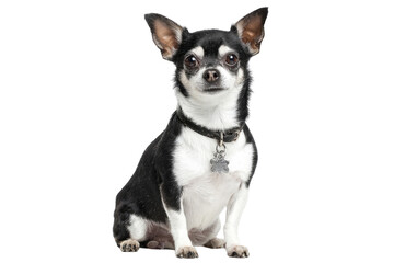 Adorable black and white Chihuahua sitting, wearing a collar with a tag. A cute pet portrait. background removed