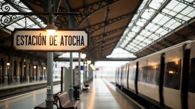 Train arriving at Estaci?n de Atocha, showcasing the station's architecture and bustling environment