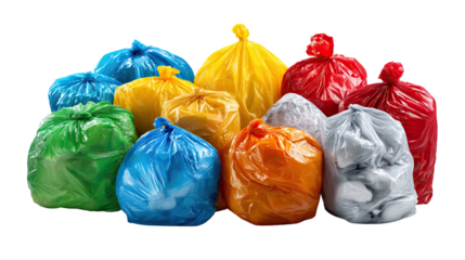 Colorful Bags of Waste: A cluster of vibrant garbage bags, each a different hue, filled with refuse and ready for collection.