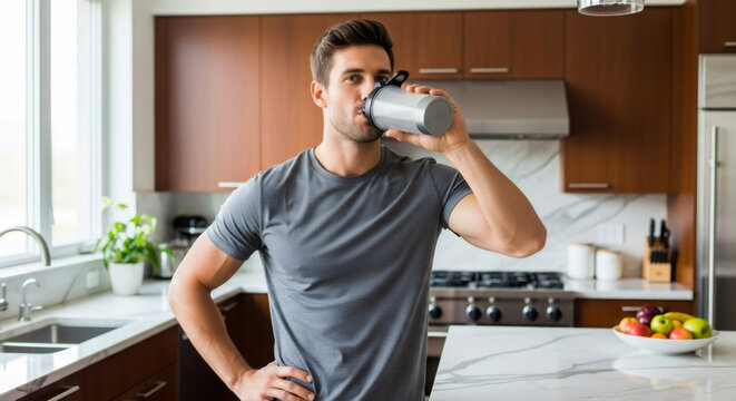 A man is drinking a protein shake from a blender bottle in his home kitchen. Health and fitness lifestyle concept for nutrition. - Powered by Adobe