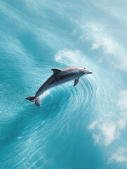 Fototapeta premium Graceful dolphin leaping from crystal turquoise water. Evokes freedom, intelligence, and the beauty of marine life. Ideal for travel, conservation, or nature themes.