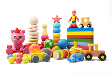 Obraz premium Colorful Childhood Dreamland: A vibrant collection of wooden toys, showcasing a cheerful array of shapes, colors, and playful designs.