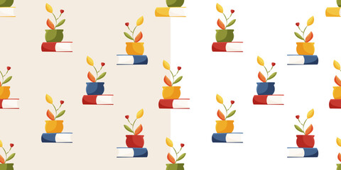 Seamless pattern featuring stacks of books with a flower pot on top. The design is presented in two color schemes. Ideal for education, study and decorative themes
