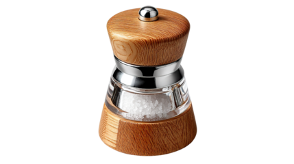 Salt Grinder's Essence: An up-close look at a salt grinder, combining elegance and function. Wood and clear glass converge, holding granular salt to elevate culinary and dining experience