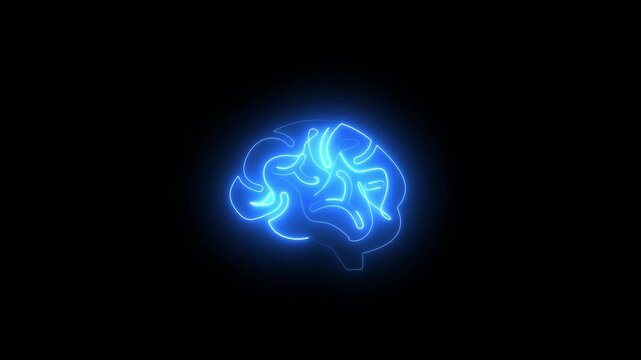 Brian contours. Glowing blue brain contours on black background.Low poly wireframe brain with connection dots glowing on black background. Continuous one single line drawing brain icon neon glow .